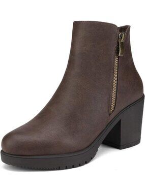 DREAM PAIRS Women's Brown/Pu Block Heel Chelsea Ankle Boots 3-Inch Fall Booties